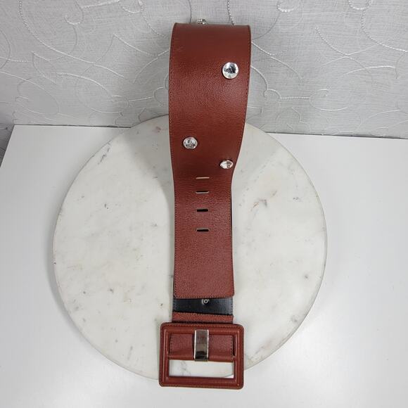 Vintage Yves Saint Laurent Wide Belt S Brown Leather‎ Buckle Rhinestone Rivets main image 4